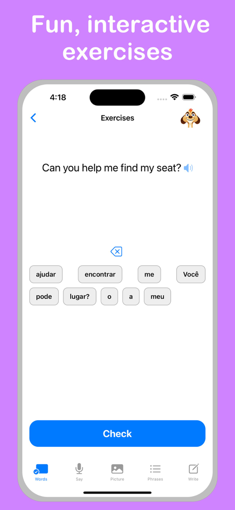 ポルトガル語アプリのインタラクティブな単語並べ替え演習。
