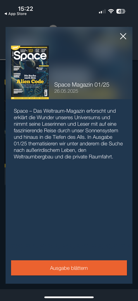 Space Magazin - Space Magazin app displaying the digital cover of issue 01 25 with a feature on the search for alien life