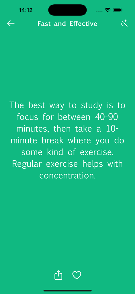 An app interface showing a study tip about focusing for 40 to 90 minutes followed by a short exercise break to improve concentration.
