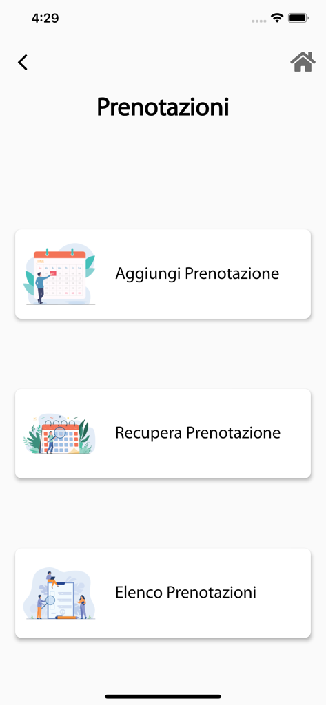 CUP Piemonte - Schermata del menu prenotazioni dell'app CUP Piemonte che mostra le opzioni per aggiungere o visualizzare appuntamenti medici