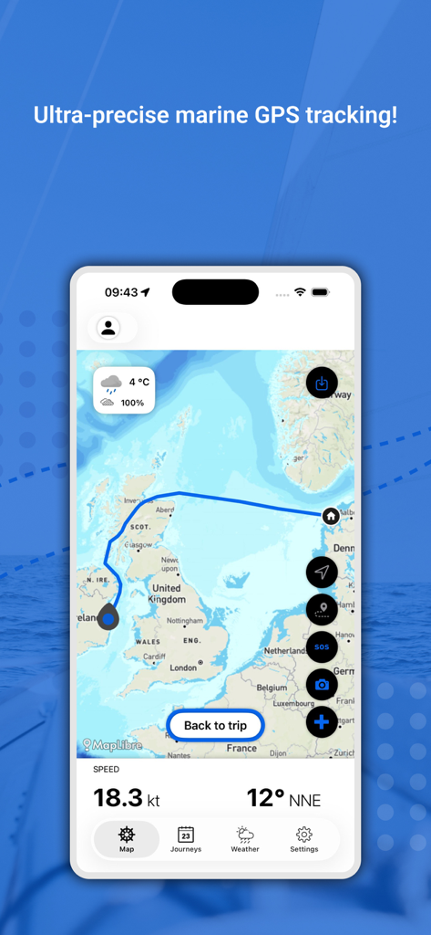 Boat Logbook & GPS Tracker - Interface de l'application Journal de bord du bateau montrant un itinéraire nautique sur une carte avec des données de vitesse et de direction.