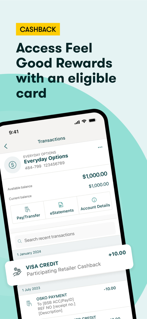 Suncorp Bank App - Suncorp Bank App interface showing transaction history and a feel good rewards cashback notification