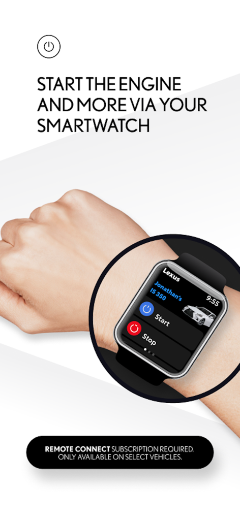 Lexus app on a smartwatch showing remote engine start and stop features