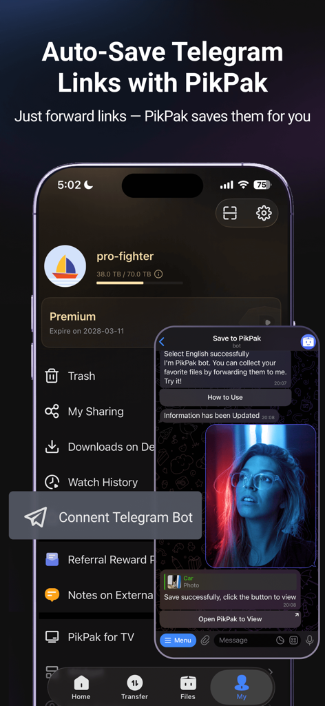 A smartphone displaying the PikPak app interface and its Telegram bot integration for auto-saving files and links.