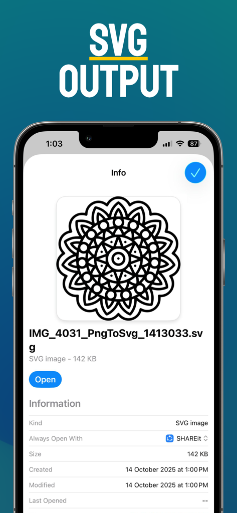 PNG to SVG: Vector Converter - Ein Screenshot der PNG zu SVG-App, der die Dateinformationen und die Vorschau eines konvertierten Mandala-Vektorbildes anzeigt.