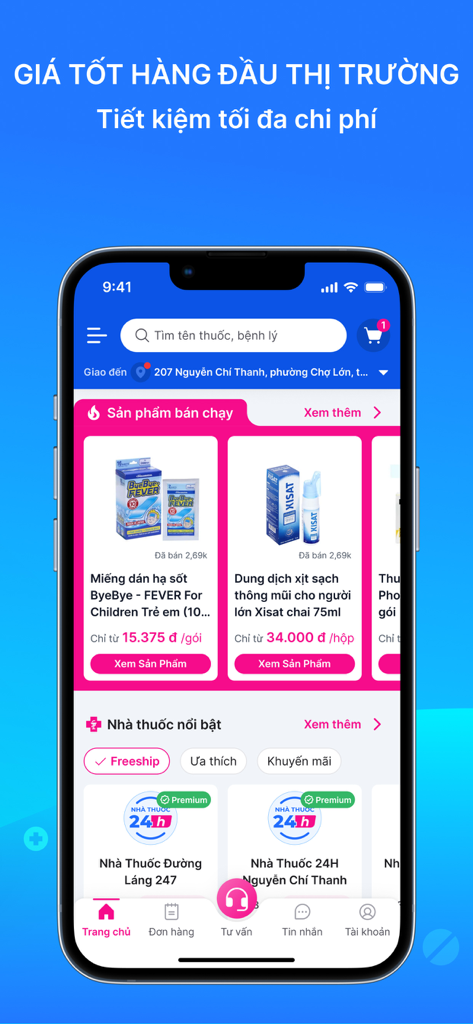 MEDIGO - Đặt thuốc nhanh 24/7 - MEDIGO mobile app interface displaying best selling medicines and featured pharmacies in Vietnamese