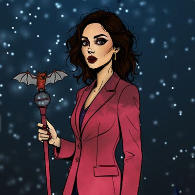 subject: a beautiful slim iranian woman with expressive, large eyes, a prominent hooked nose, and a wide mouth featuring a top lip much fuller than the bottom, and severe cheekbones.
hair & makeup: messy, voluminous dark hair falling below the shoulders, styled "wild" and natural. bold dramatic eyeliner.
attire: an intricate and immaculately tailored elegant business suit
accessories: holding  an elegant cane staff with a dedicated perch. a small fruit bat perched on the cane staff.