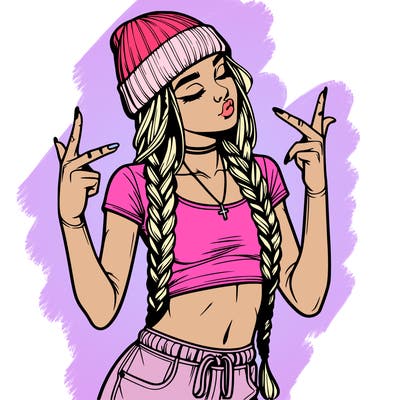realistic teenage girl with braids and a beanie and crop top doing 🫶🏼