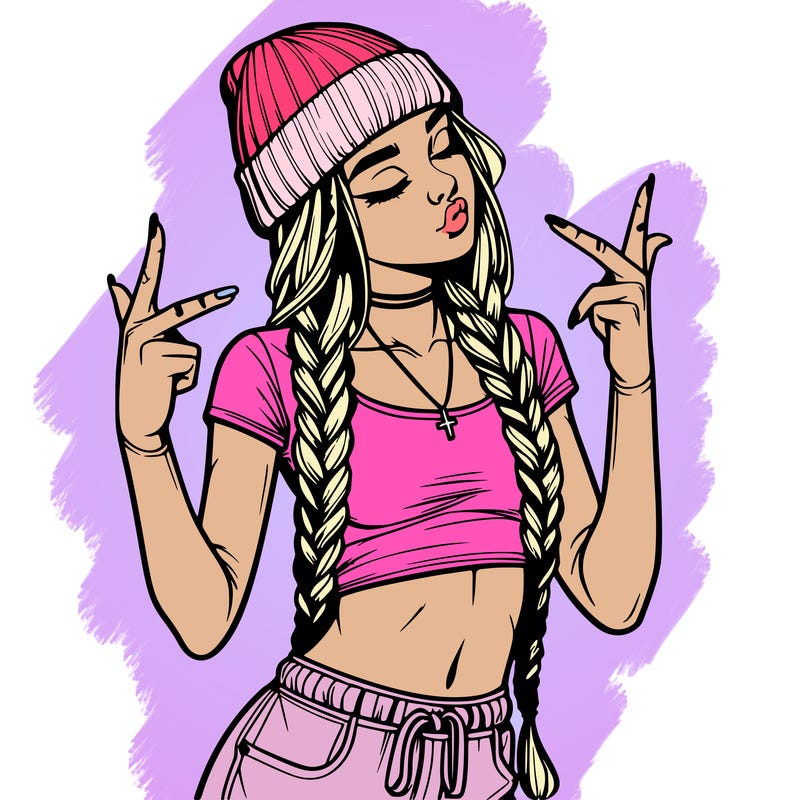 realistic teenage girl with braids and a beanie and crop top doing 🫶🏼