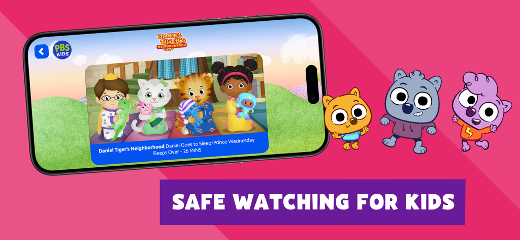 PBS KIDS Video - PBS KIDS Video app on a smartphone screen showing Daniel Tiger characters with the slogan Safe Watching for Kids