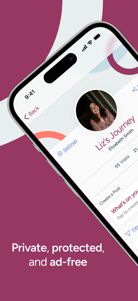 Aplicativo móvel CaringBridge mostrando uma página de perfil de jornada de saúde privada com o texto privado protegido e sem anúncios