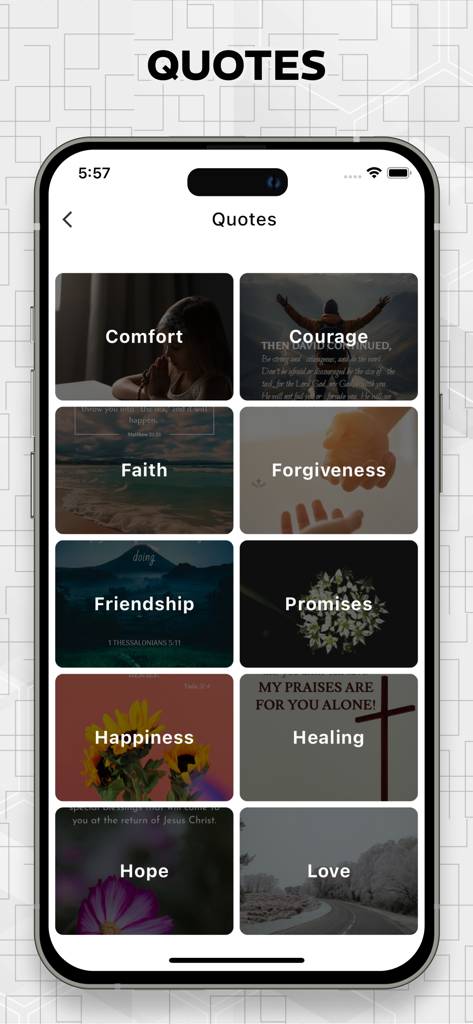 Biblia Israelita Nazarena, VIN - Quotes section of the Biblia Israelita Nazarena app showing categories like Faith and Hope