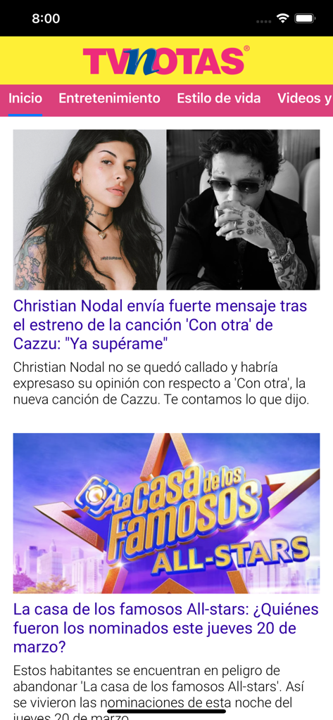 TVNOTAS App Startbildschirm mit mexikanischen Promi-Nachrichten und Unterhaltungsartikeln.