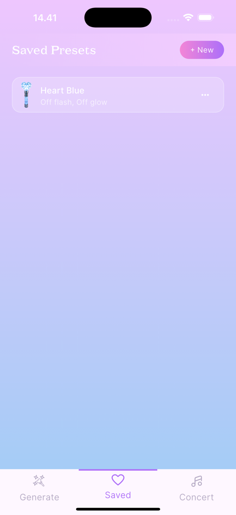 Light Stick Creator - The saved presets screen of the Light Stick Creator app showing a list of customized digital light sticks with a purple and blue gradient background.