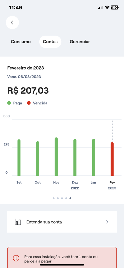 Enel São Paulo - Enel Sao Paulo app interface showing monthly billing history and payment status