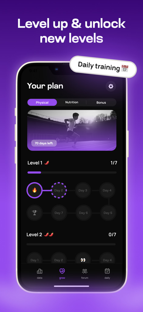 Interface of the Taller app showing a gamified physical training plan with progress levels and daily workout milestones.