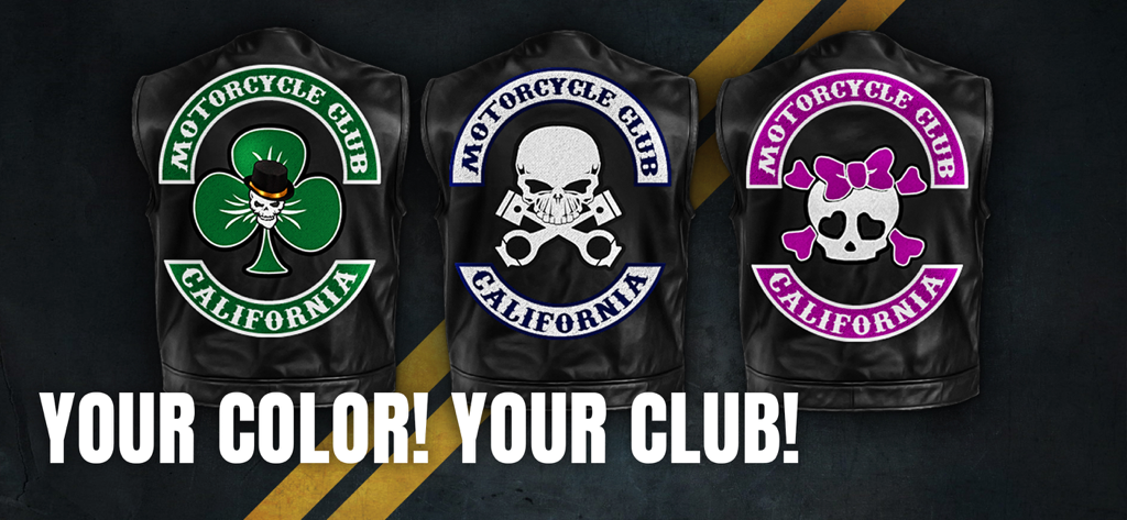 Bloody Roads, California - Three motorcycle club leather vests with custom patches in Bloody Roads California