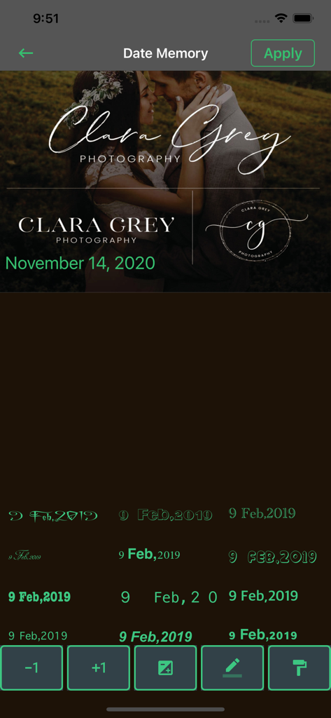 Interface do aplicativo Photo Lab mostrando vários formatos de data e estilos de tipografia para marcas d'água em fotos