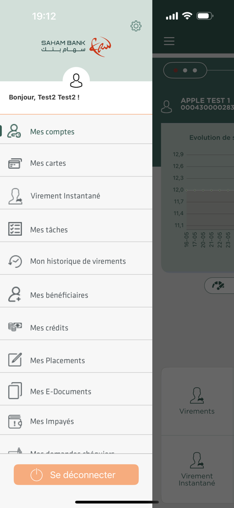 Menu de navigation de l'application bancaire mobile professionnelle Saham Bank