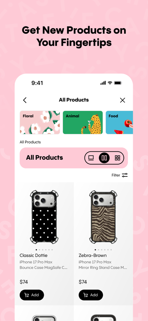 CASETiFY - L'application mobile CASETiFY présente un catalogue de coques de créateurs pour iPhone avec des imprimés floraux et animaliers.