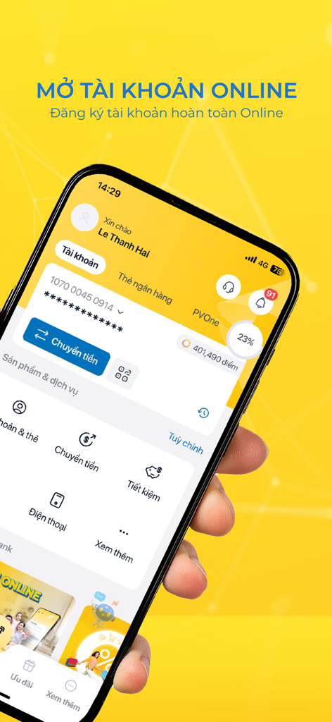 PVConnect - PVConnect mobile banking app interface on a smartphone screen showing online account registration options.