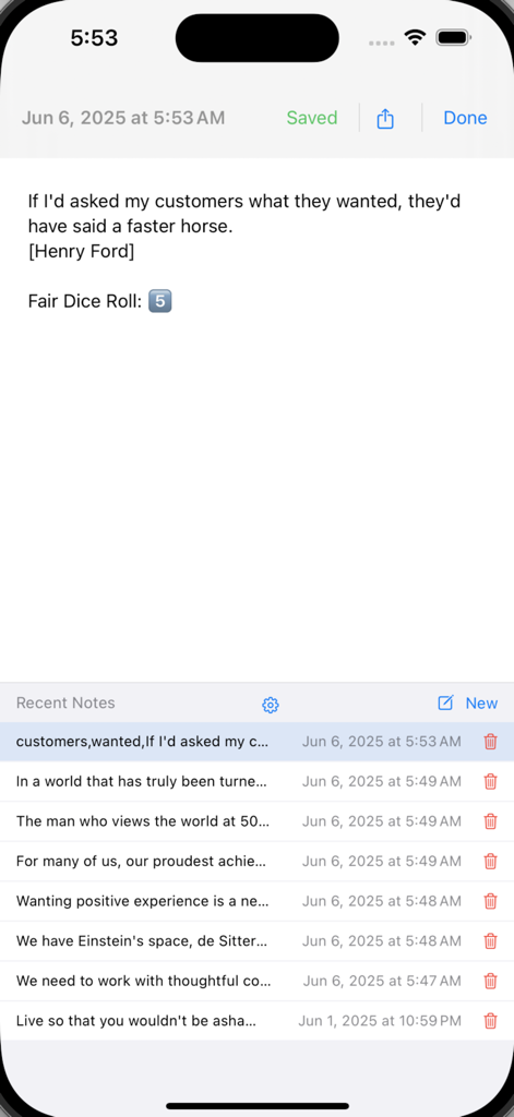 Minimalist user interface of the Notes NoData app showing a list of recent notes and an open note editor