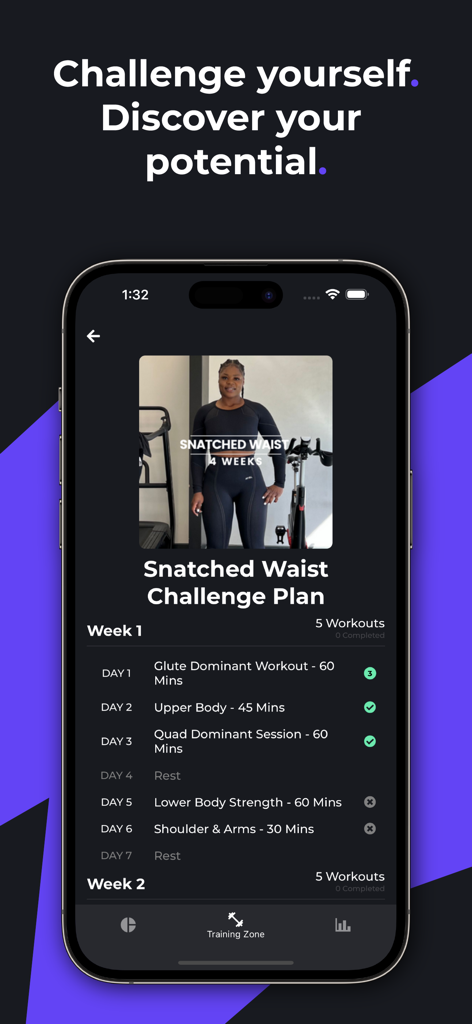 MyARC Fitness app screenshot showing the Snatched Waist Challenge Plan with a weekly workout schedule led by a fitness influencer.