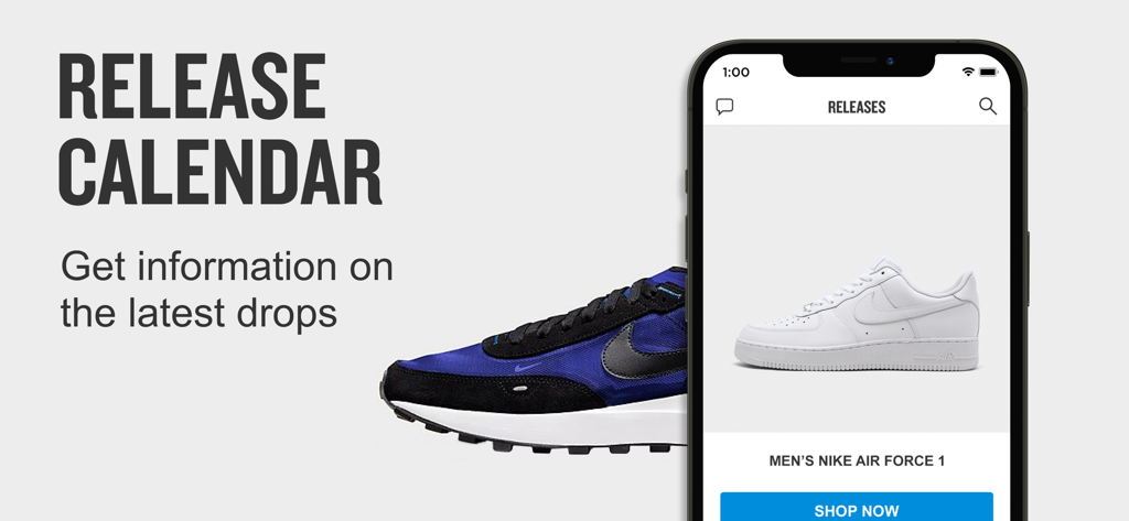Finish Line mobile app screen showing the sneaker release calendar with upcoming drops and Nike Air Force 1