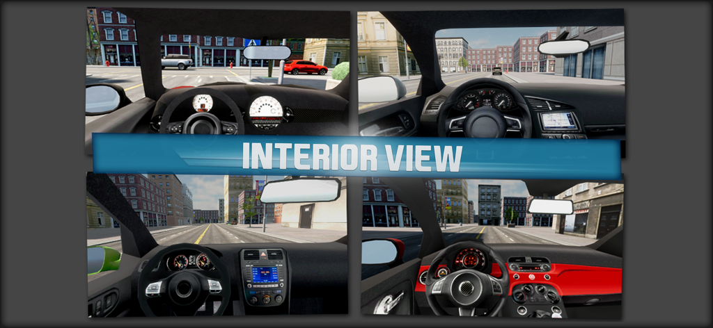 School of Driving - Un montaje que muestra cuatro vistas interiores de cabina de coche realistas diferentes con salpicaderos y volantes detallados en un entorno urbano.