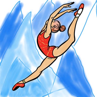 gymnast doing a leap in a leotard with a bent back leg