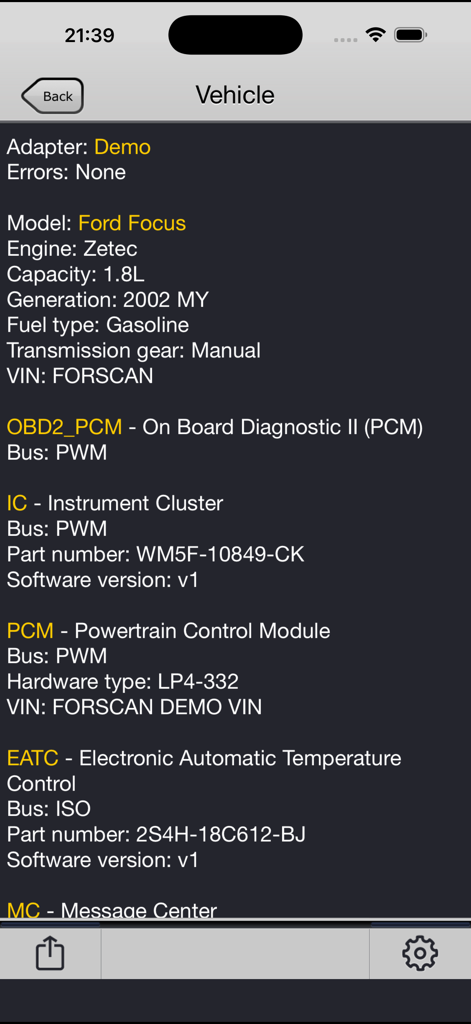 FORScan Lite - for Ford, Mazda - FORScan Lite app showing vehicle diagnostic modules for a Ford Focus