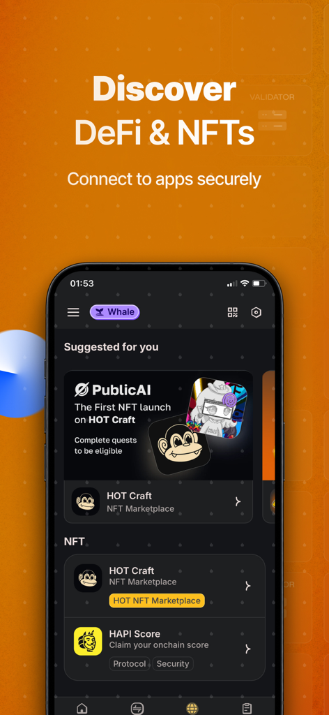HOT Crypto Walletのインターフェース。注目のNFTマーケットプレイスと安全なdApp接続を備えた、DeFiとNFTのディスカバーセクションを表示しています。