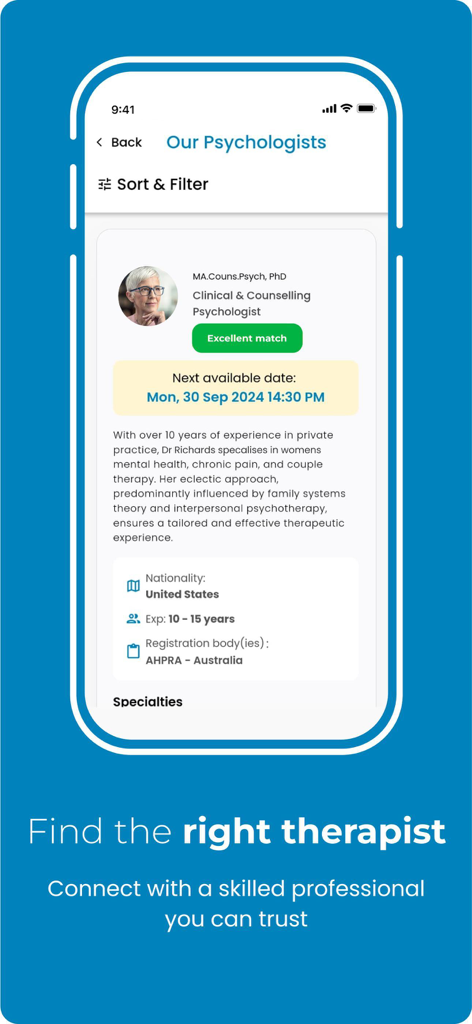 A detailed profile of a licensed psychologist on the Kubri Talk mental health app showing credentials and availability