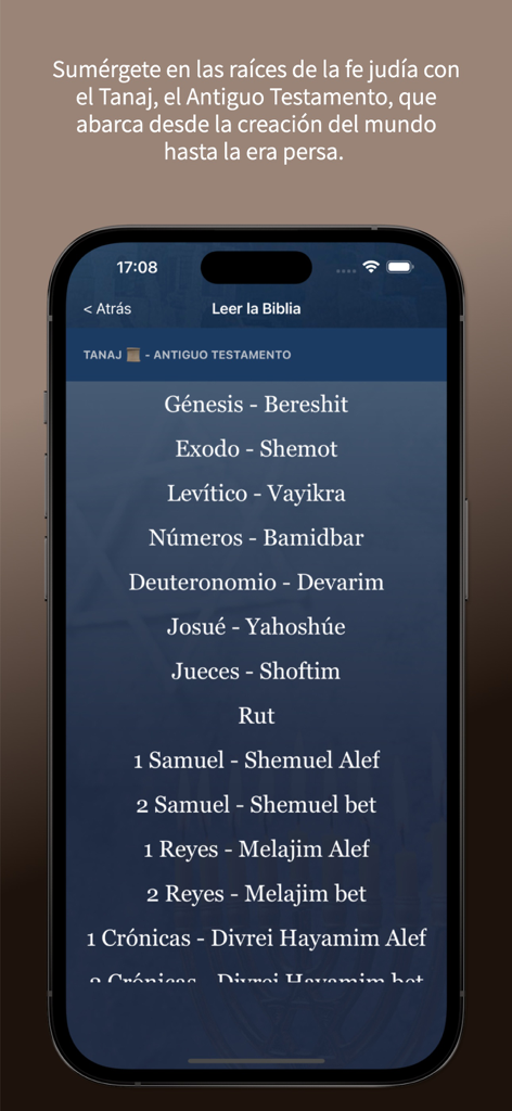 Biblia Kadosh Mesiánica - List of Tanakh books with Hebrew and Spanish titles in the Biblia Kadosh Mesianica app