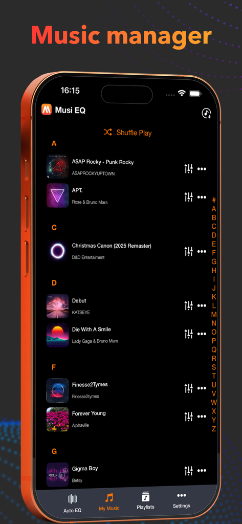 Musi EQ Player - Auto Music EQ - The music manager interface of Musi EQ Player displaying a sorted list of songs with shuffle and EQ options.