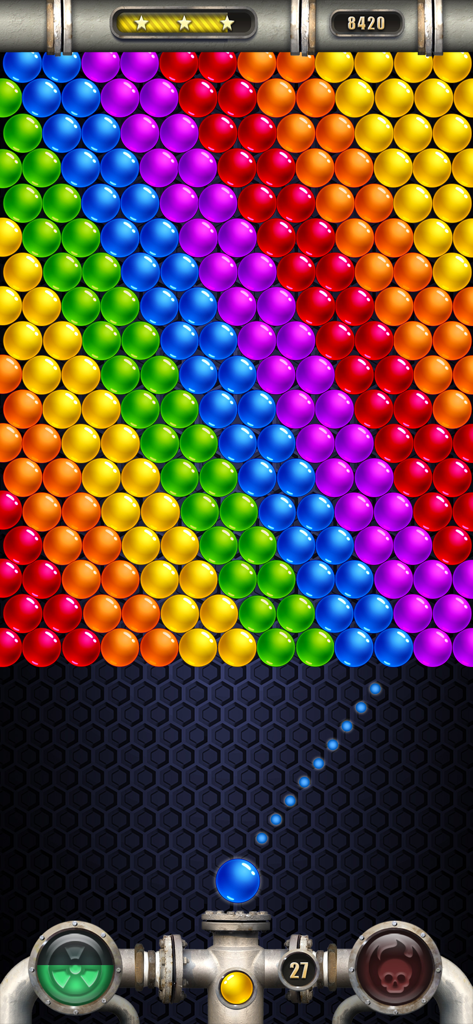 Bubbles Empire Champions bubble shooter gameplay with colorful bubbles and aiming line