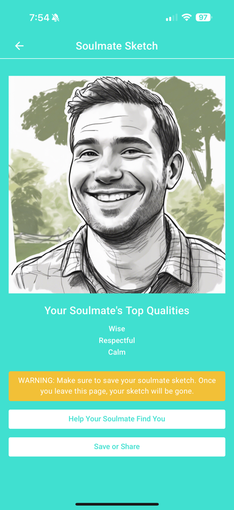 A screenshot of the Soulmate Sketch Pro app showing a hand-drawn style AI sketch of a smiling man with listed personality traits like Wise, Respectful, and Calm.