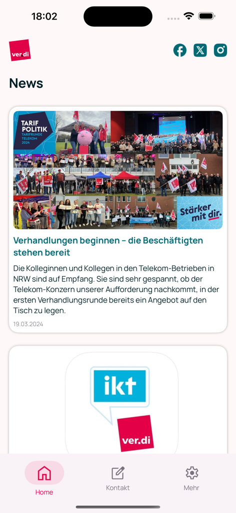 ver.di TK IT NRW - News interface of the ver.di TK IT NRW mobile app showing union updates and negotiation news