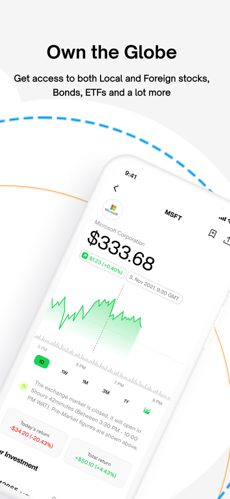 Trove - Investing, simplified - Trove app interface showing stock price chart and global investment options