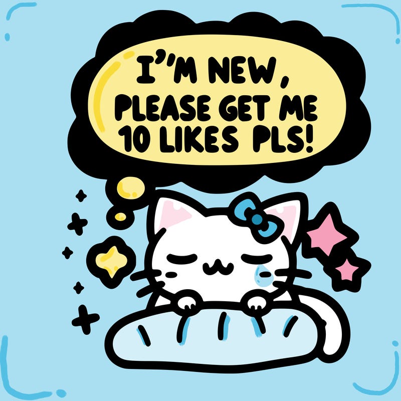 kitty taking a nap dream talking and saying "i'm new, please get me at least 10 likes pls!!"
