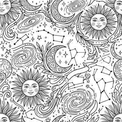 Explore the wonders of the night sky with this captivating celestial line art coloring page. This intricate pattern features beautifully rendered suns, moons, stars, and constellations, perfect for a relaxing artistic escape.