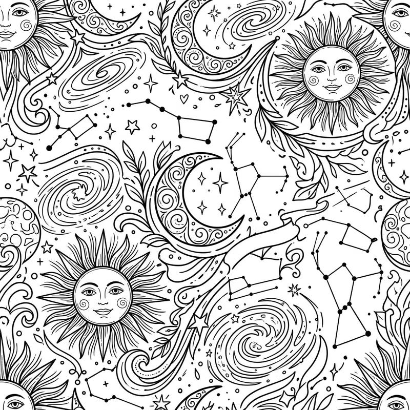 Explore the wonders of the night sky with this captivating celestial line art coloring page. This intricate pattern features beautifully rendered suns, moons, stars, and constellations, perfect for a relaxing artistic escape.