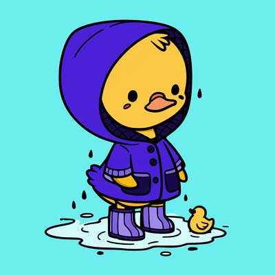 baby duck in a rain coat and boots, in a puddle while it’s raining