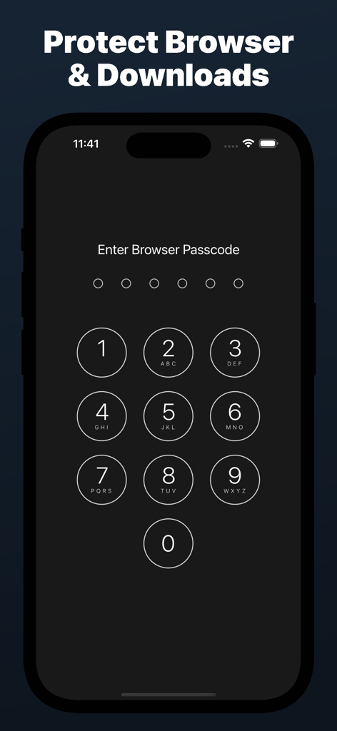 Private Web Browser Incognito - Una pantalla de iPhone mostrando un teclado numérico para introducir un código de acceso para la seguridad de la navegación privada.