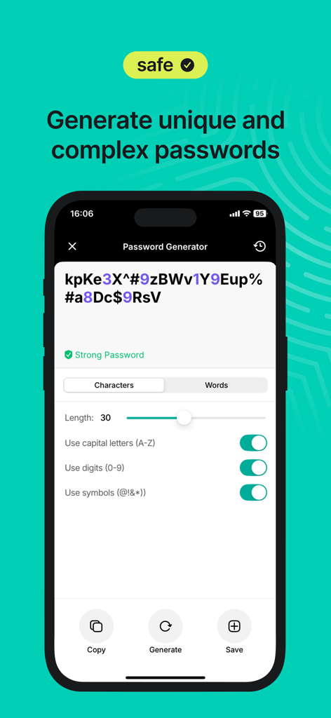 A mobile interface for the NordPass password generator showing a complex 30-character strong password with custom character settings.