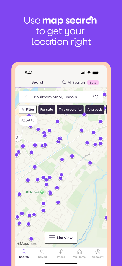Zoopla mobile app map search showing property locations in Lincoln UK