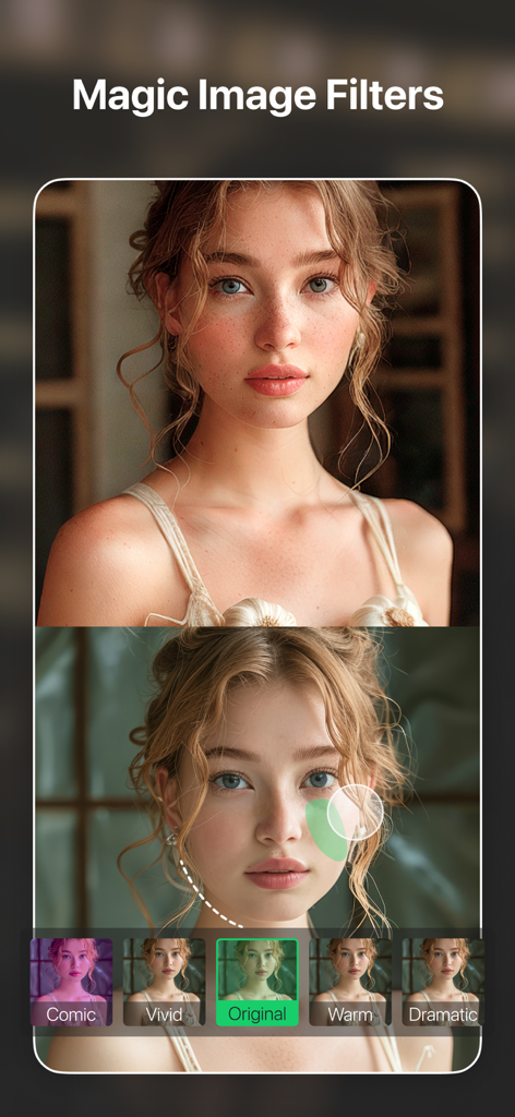 Snapix: Remove Objects Pro - Snapix app interface showing various image filters like Comic, Vivid, and Warm applied to a portrait of a woman.