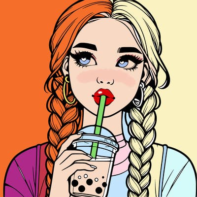 realistic girl with braided hair drinking boba