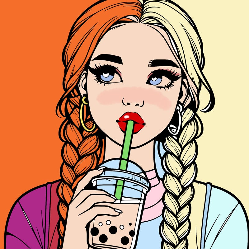 realistic girl with braided hair drinking boba