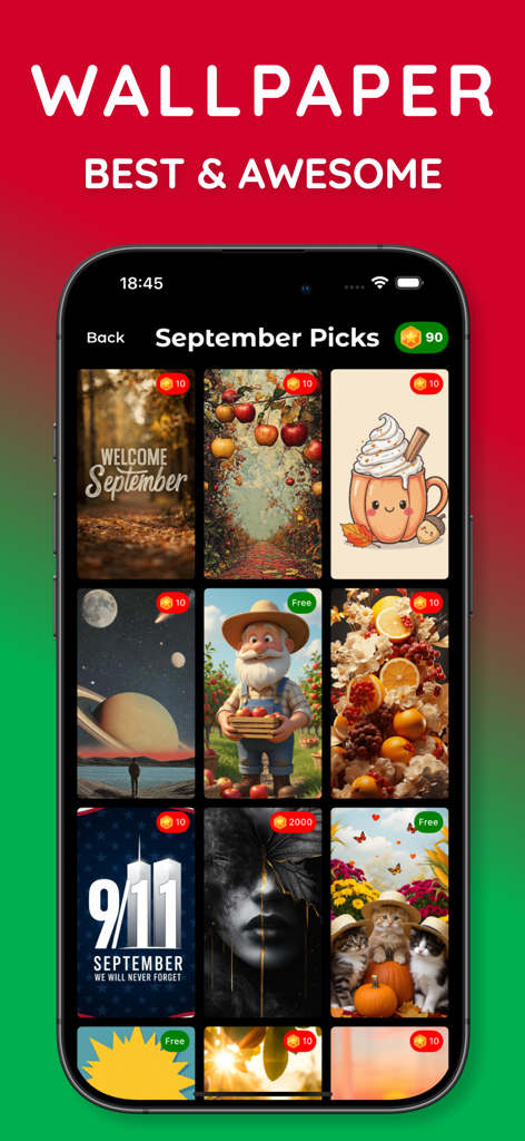 A smartphone screen displaying a grid of September themed iPhone wallpapers including autumn aesthetics and seasonal illustrations